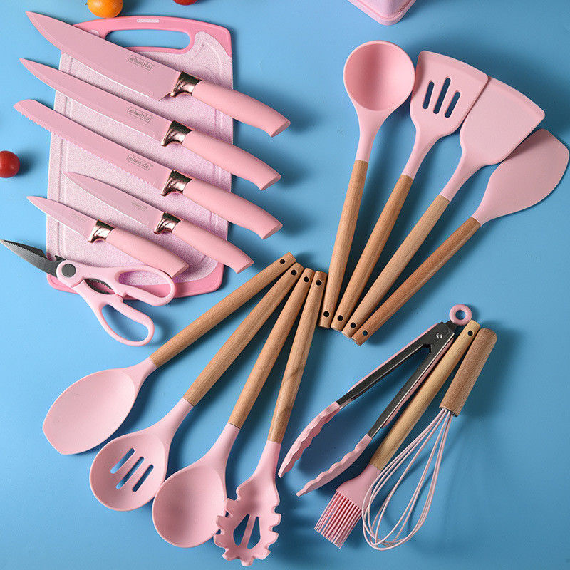 19 pcs 목재 손잡이 실리콘 부엌 가구 세트 요리 도구 및 공급 레스토랑